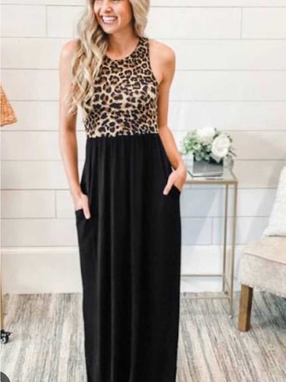 Leopard Print & Black Maxi Dress - Sleeveless Casual